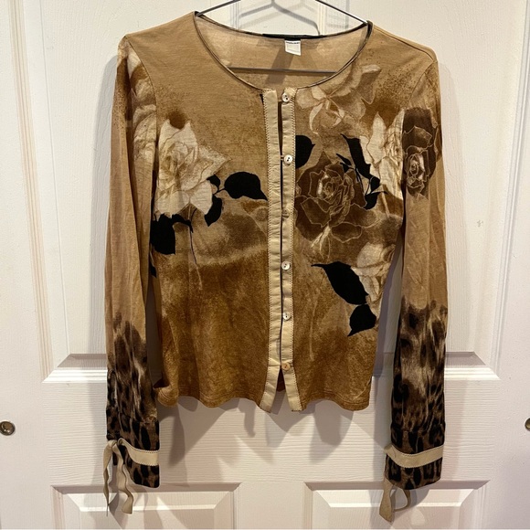 Roberto Cavalli Tops - Roberto Cavalli Wool Beige Floral Animal Print Button-Up Women's Cardigan Size S